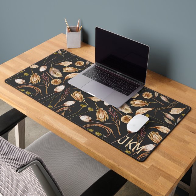 Brown and Tan Bohemian Foliage Monogram Desk Mat (Office 2)