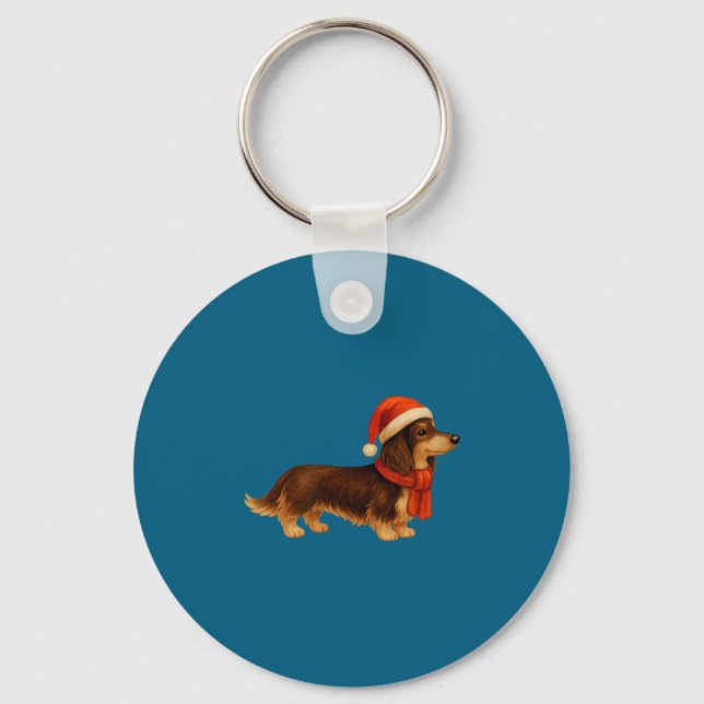 Brown And Tan Christmas Dachshund Santa Hat  Key Ring (Front)
