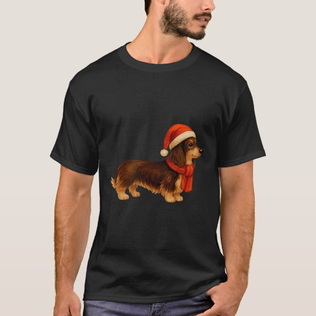Brown And Tan Christmas Dachshund Santa Hat  T-Shirt (Front)