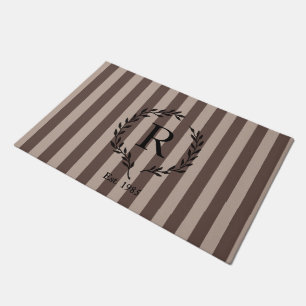 Brown and Tan Stripes Black Wreath Monogram Doormat