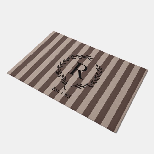 Brown and Tan Stripes Black Wreath Monogram Doormat (Angled)