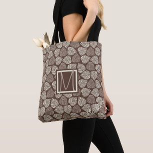 Brown and Taupe Leaf Natural Trendy Monogram Tote Bag