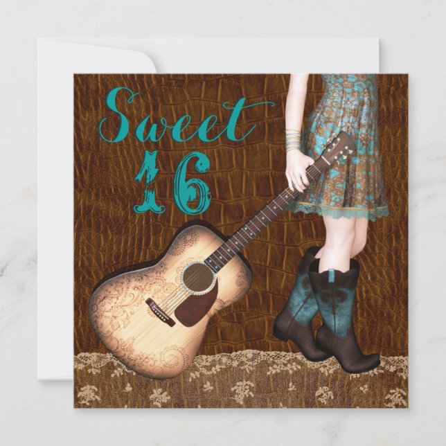 Brown and Teal Blue Cowgirl Sweet Sixteen Party Invitation (Front)