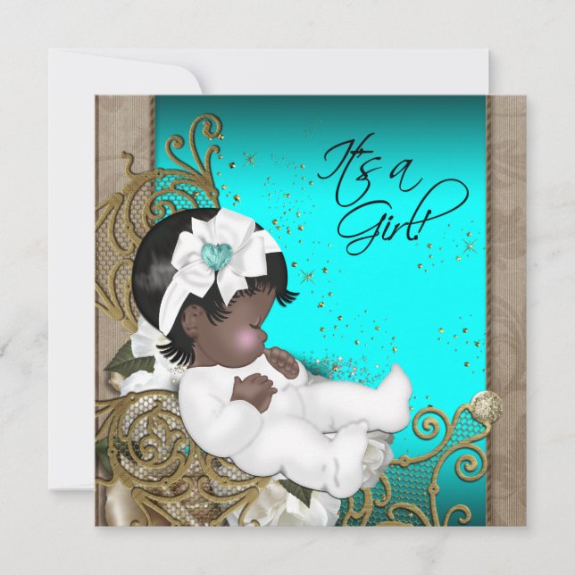 Brown and Teal Blue Ethnic Baby Girl Shower Invitation (Front)