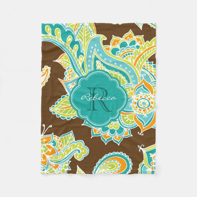 Brown and Teal Boho Paisley Monogrammed Fleece Blanket (Front)