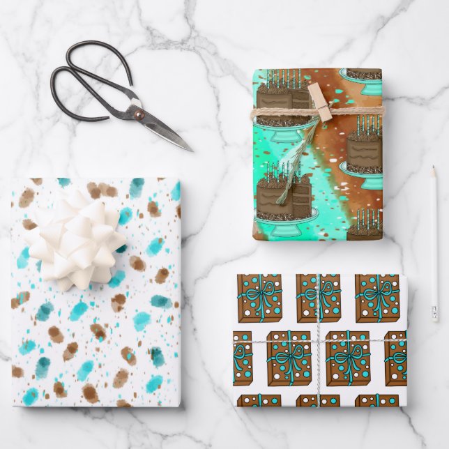 brown and Teal Chocolate Cake Birthday Wrapping Paper Sheet (Front)