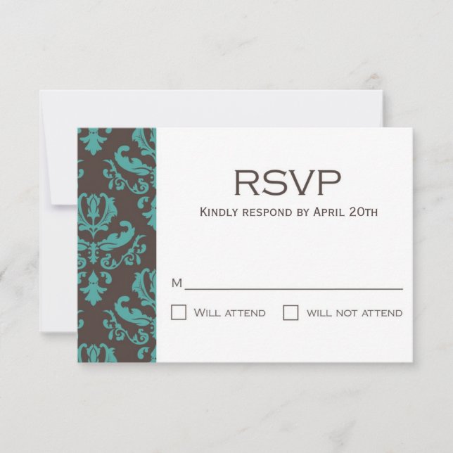 Brown and Teal Floral Damask RSVP (Front)