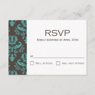 Brown and Teal Floral Damask RSVP Card