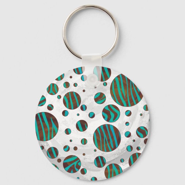 Brown and Teal Polka Dot Zebra Key Ring (Front)