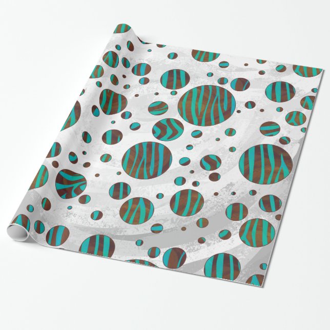 Brown and Teal Polka Dot Zebra Wrapping Paper (Unrolled)