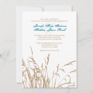 Brown and Teal Sea Grass Beach Wedding Invitation