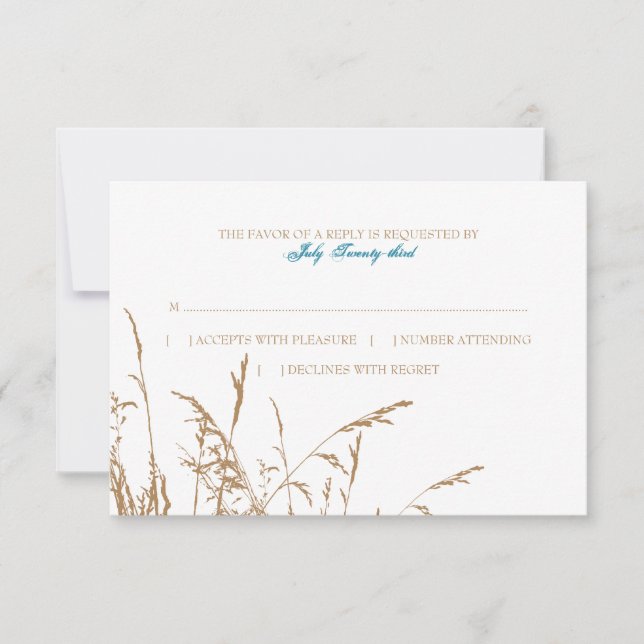 Brown and Teal Sea Grass Beach Wedding rsvp (Front)