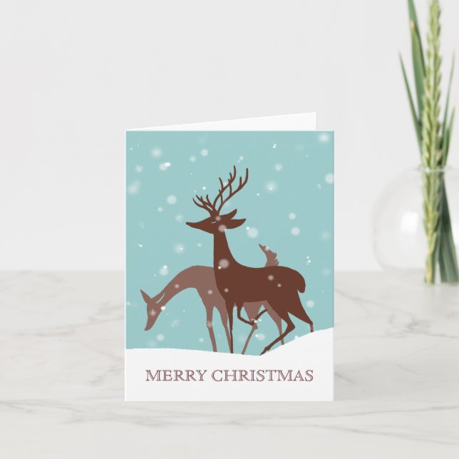 Brown and Teal Winter Deer in Snow Christmas Holiday Card (Front)