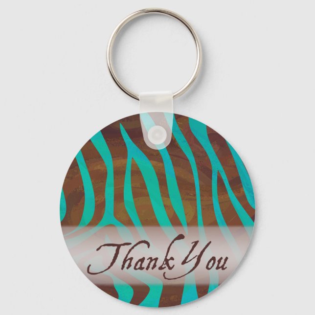 Brown and Teal Zebra Pattern Thank You Key Ring (Front)