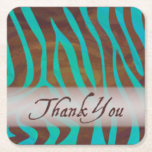 Brown and Teal Zebra Pattern Thank You Square Paper Coaster