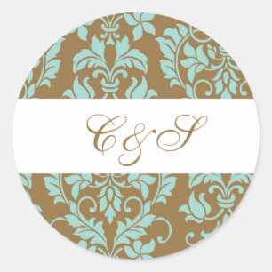Brown and Tiffany Blue Damask Favour Stickers