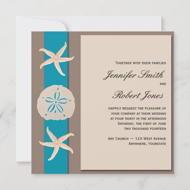 Brown and Turquoise Starfish Wedding Invitation (Front)