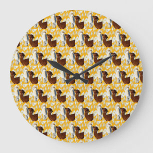 Brown And White Alpacas With Cactus Flowers, Large Clock