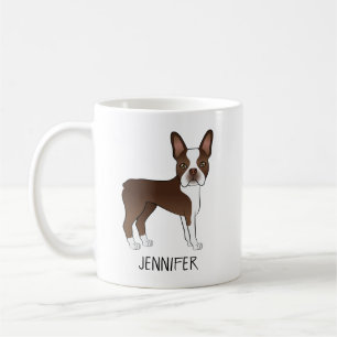 Brown And White Boston Terrier Cartoon Dog & Name Coffee Mug