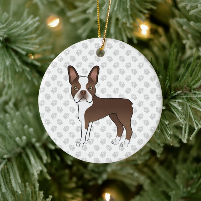 Brown And White Boston Terrier Cartoon Dog & Paws Ceramic Tree Decoration (Tree)
