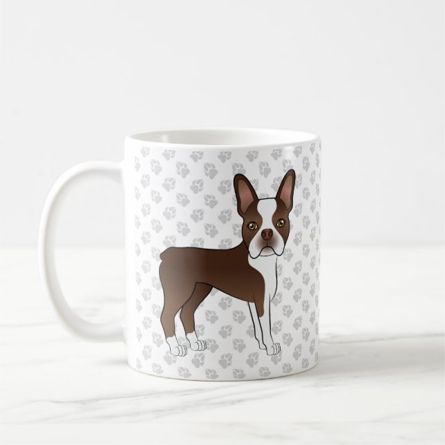 Brown And White Boston Terrier Cartoon Dog & Paws Coffee Mug (Left)