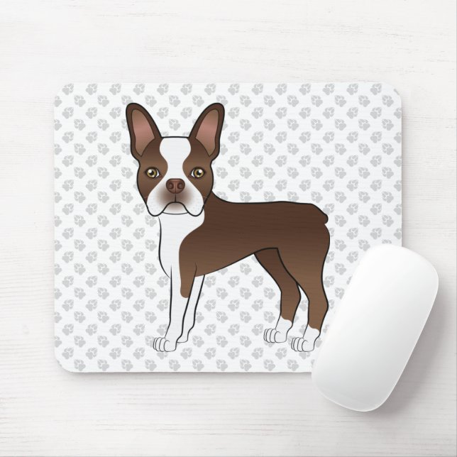 Brown And White Boston Terrier Cartoon Dog & Paws Mouse Mat (With Mouse)