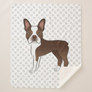 Brown And White Boston Terrier Cartoon Dog & Paws Sherpa Blanket