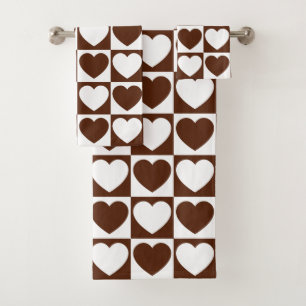 Brown and White Checkered Pattern With Hearts Bath Towel Set