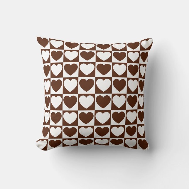 Brown and White Checkered Pattern With Hearts Cushion (Front)