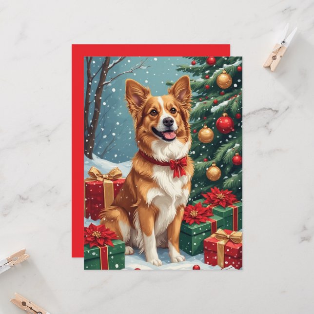 Brown And White Christmas Dog Flat Greeting Card (Front/Back In Situ)
