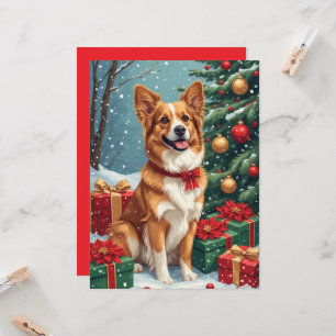 Brown And White Christmas Dog Flat Greeting Card