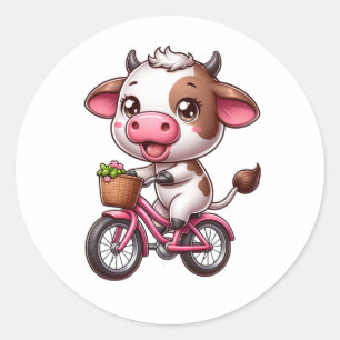 Brown and White Cow Riding a Bike Classic Round Sticker