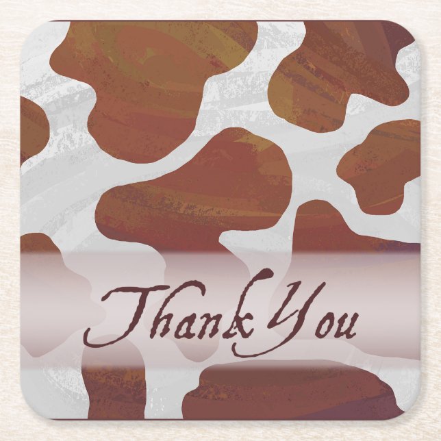 Brown and White Cow Spots Thank You Square Paper Coaster (Front)
