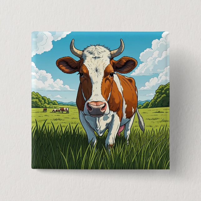 Brown and white Cow standing in a field of grass 15 Cm Square Badge (Front)