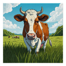 Brown and white Cow standing in a field of grass