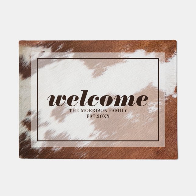 Brown and white cowhide welcome typography doormat (Front)