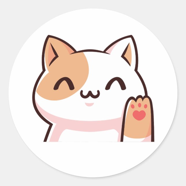 Brown and White Cute Waving Cat Sticker (Front)