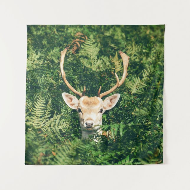 BROWN AND WHITE DEER SURROUNDED BY GREEN PLANTS TAPESTRY (Front)
