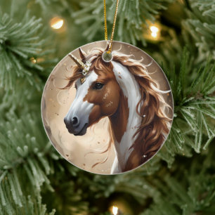 Brown And White Fantasy Unicorn,  Ceramic Tree Decoration