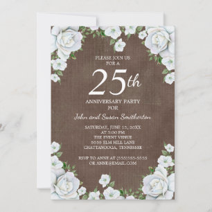 Brown and White Floral 25th Wedding Anniversary Invitation