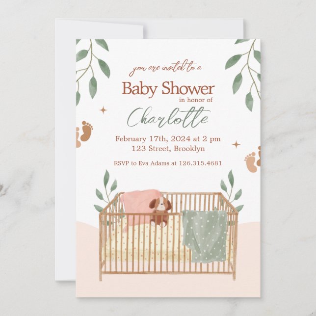 Brown and White Floral Baby Shower Invitation (Front)