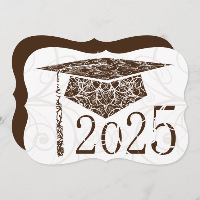 Brown and White Floral Cap 2025 Graduation Party Invitation (Front/Back)