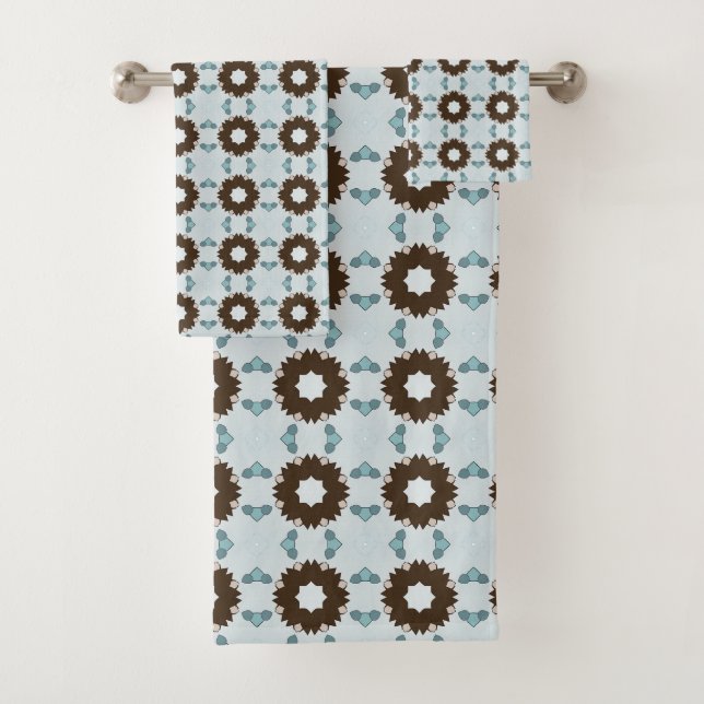 Brown and white flowers geometric patterned  bath towel set (Insitu)