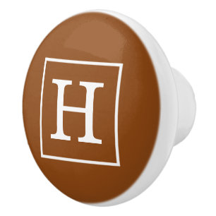Brown and White Framed Initial Monogram <br> </br> Ceramic Knob