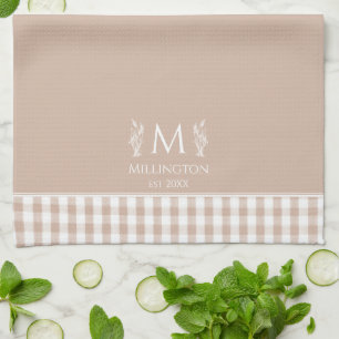 Brown and White Gingham Custom Name Monogram Tea Towel