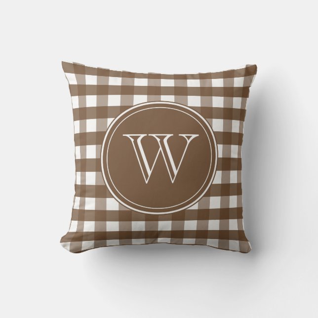 Brown and White Gingham Monogram Cushion (Front)