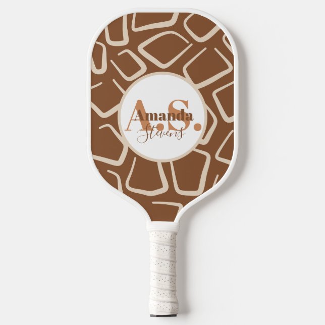 Brown and White Giraffe Pattern Modern Monogram Pickleball Paddle (Front)