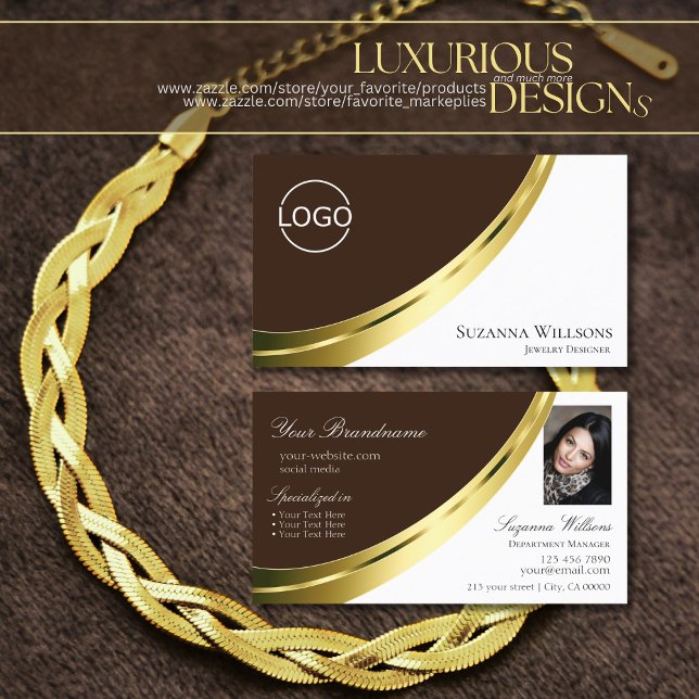 Brown and White Gold Decor with Logo and Photo Business Card (Creator Uploaded)