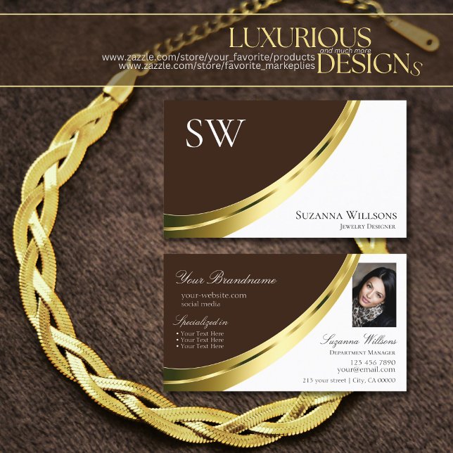 Brown and White Gold Decor with Monogram and Photo Business Card (Creator Uploaded)