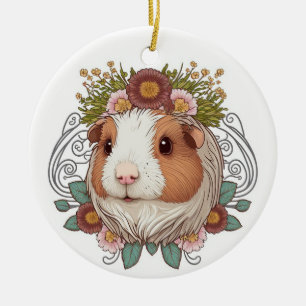 Brown and White Guinea Pig and Flowers Ceramic Orn Ceramic Tree Decoration